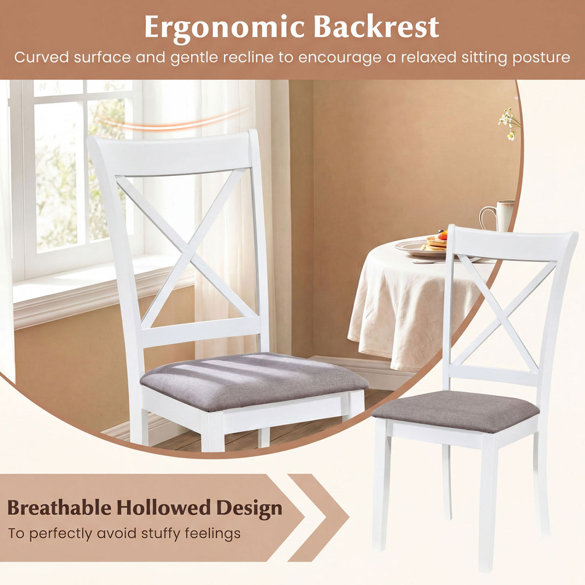 Dining Chairs Set of 2 Rubber Wood Dining Room Chairs with Comfortable Backrest and Padded Seat-White