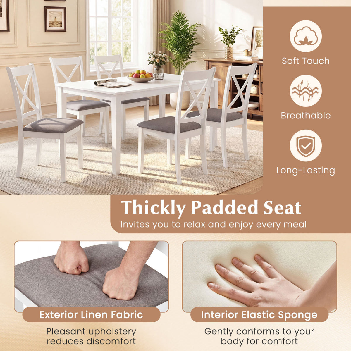 Dining Chairs Set of 2 Rubber Wood Dining Room Chairs with Comfortable Backrest and Padded Seat-White