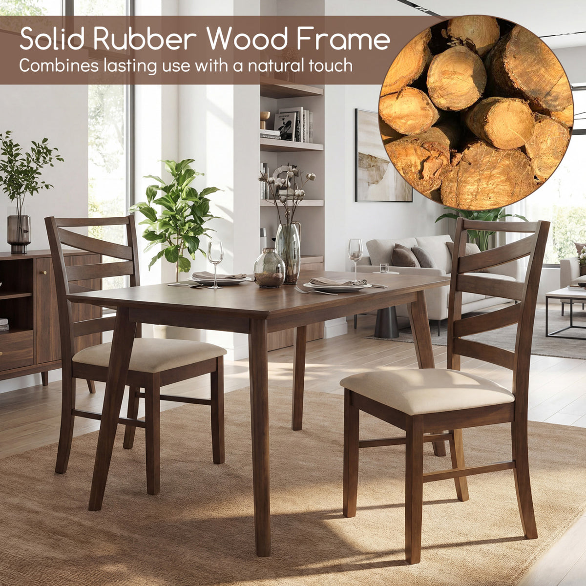 Dining Chairs Set of 2 with Backrests and Rubber Wood Frames-Brown