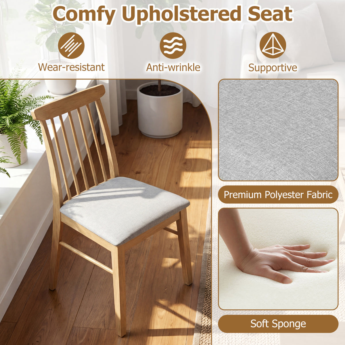 Dining Chairs Set of 2 Fabric Upholstered Kitchen Armless Chairs with Rubber Wood Frame-Natural