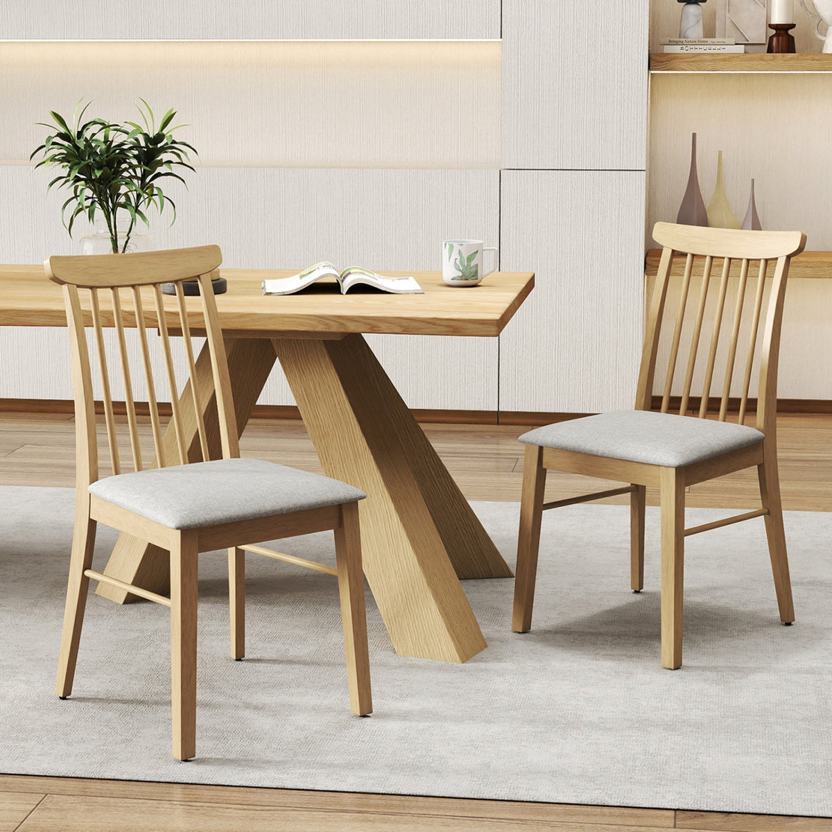 Dining Chairs Set of 4 Fabric Upholstered Kitchen Armless Chairs with Rubber Wood Frame-Natural