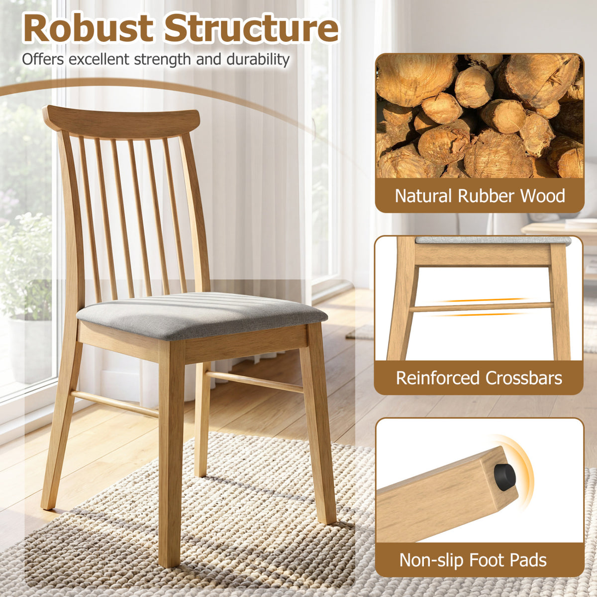 Dining Chairs Set of 4 Fabric Upholstered Kitchen Armless Chairs with Rubber Wood Frame-Natural