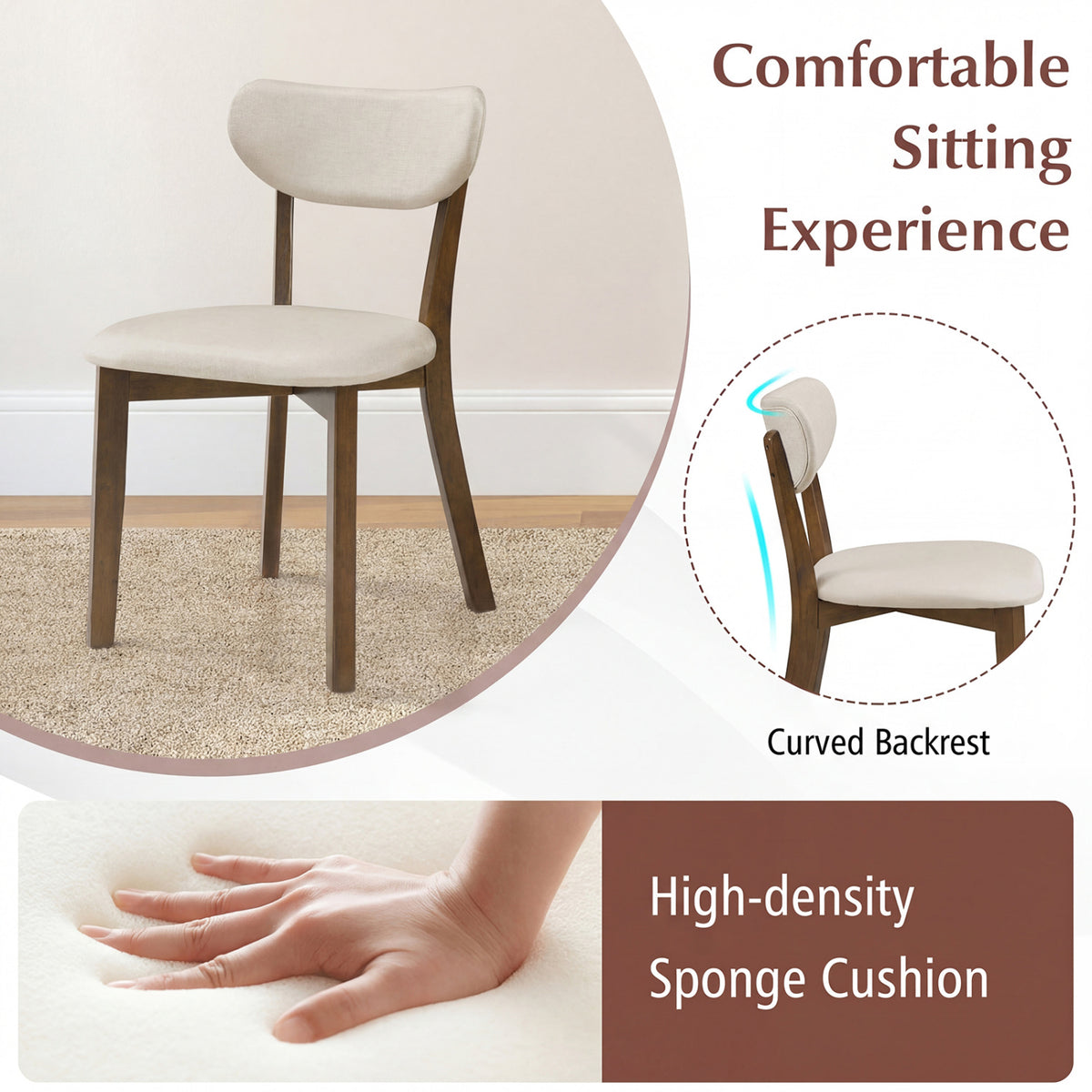 Dining Chairs Set of 2 Upholstered Mid-Back Chairs with Solid Rubber Wood Frame-White