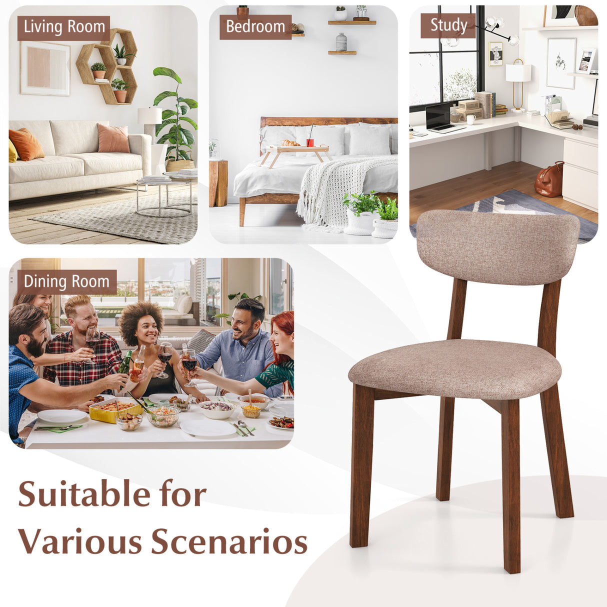 Dining Chairs Set of 2 Upholstered Mid-Back Chairs with Solid Rubber Wood Frame-Beige