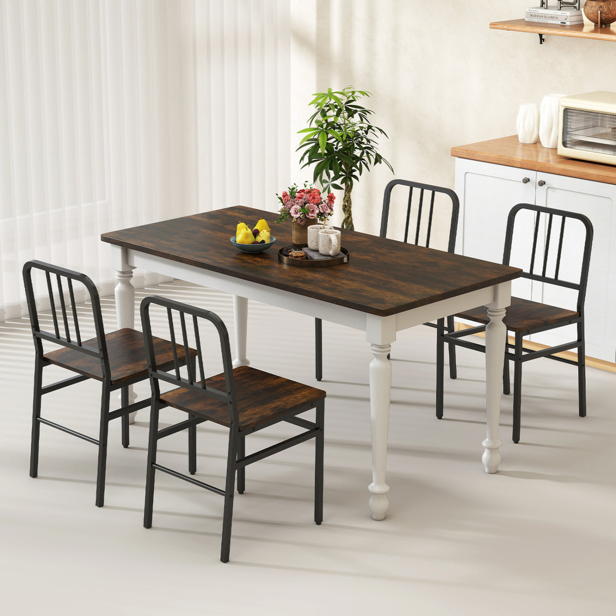 Dining Chairs Set of 4 with Slatted Backrest & Metal Frame and Wooden Seat-Rustic Brown