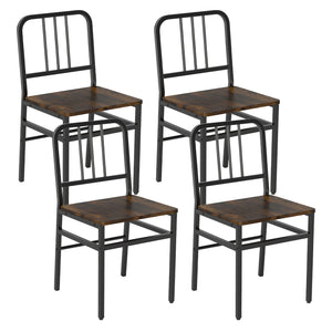 Dining Chairs Set of 4 with Slatted Backrest & Metal Frame and Wooden Seat-Rustic Brown
