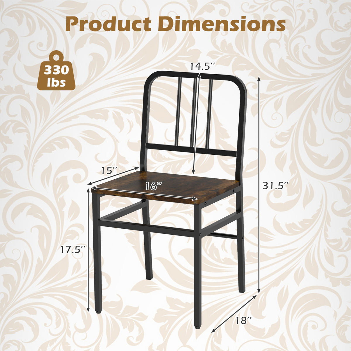 Dining Chairs Set of 4 with Slatted Backrest & Metal Frame and Wooden Seat-Rustic Brown