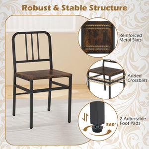 Dining Chairs Set of 4 with Slatted Backrest & Metal Frame and Wooden Seat-Rustic Brown