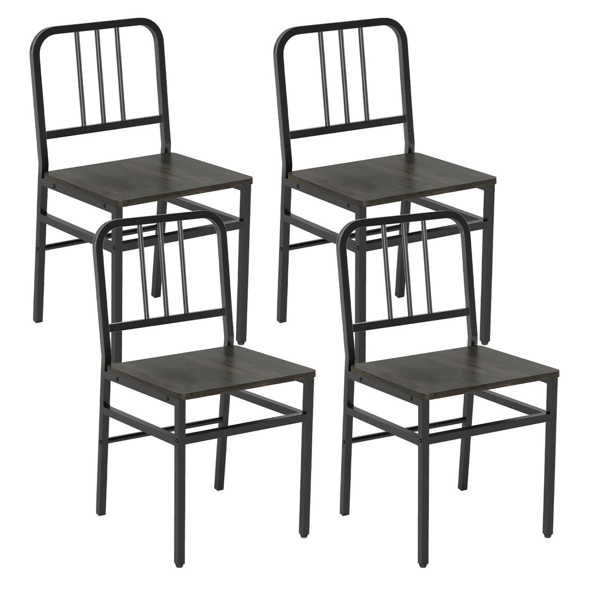 Dining Chairs Set of 4 with Slatted Backrest & Metal Frame and Wooden Seat-Gray