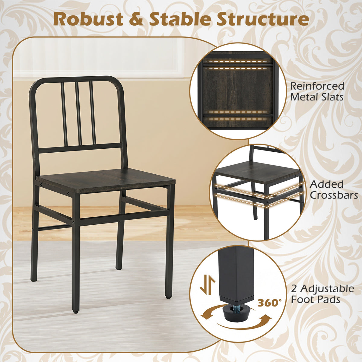 Dining Chairs Set of 4 with Slatted Backrest & Metal Frame and Wooden Seat-Gray