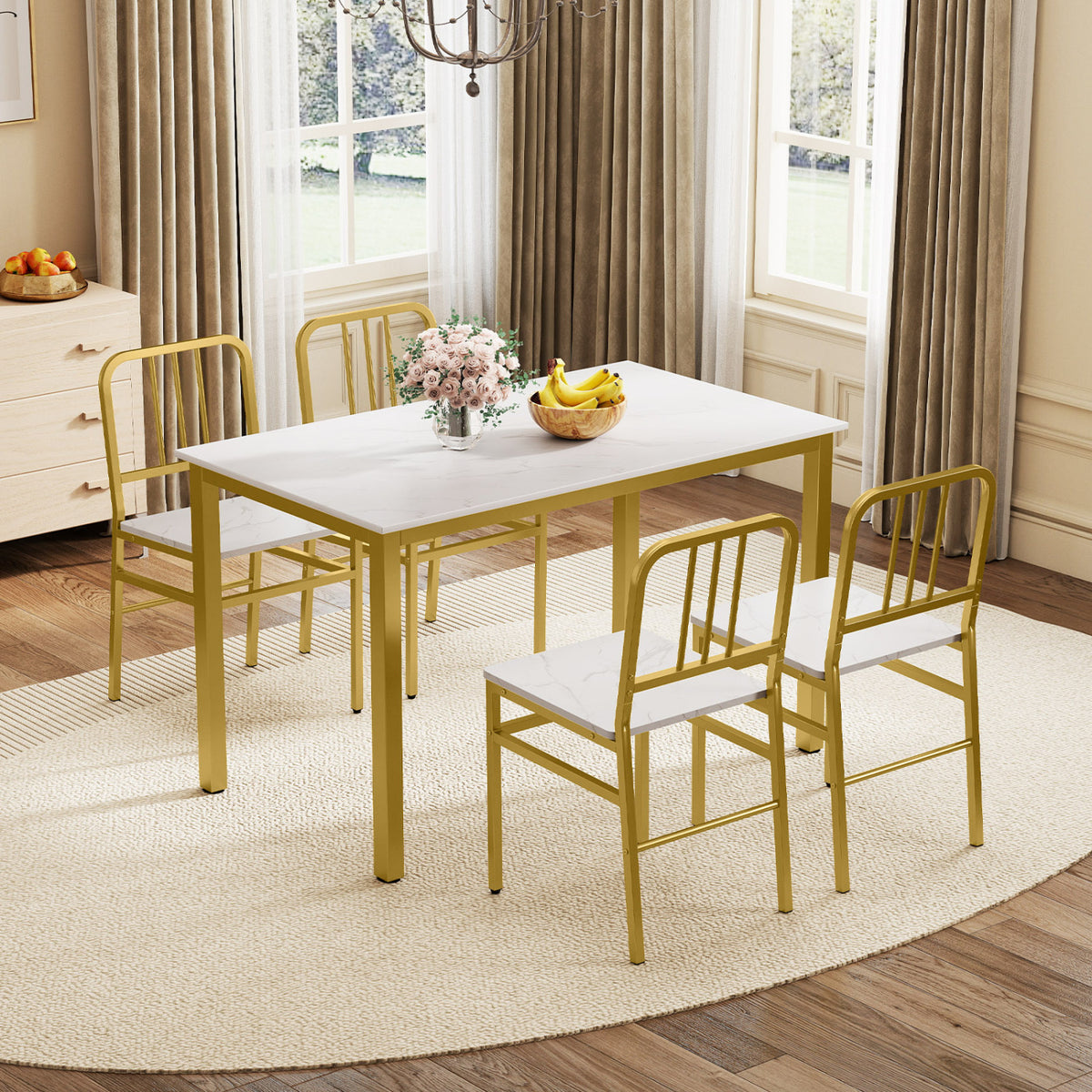 Dining Chairs Set of 4 with Slatted Backrest & Metal Frame and Wooden Seat-White
