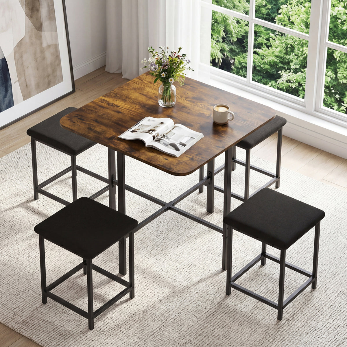 Dining Table Set with 4 Upholstered Stools and Metal Frame-Rustic Brown