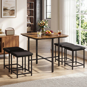 Dining Table Set with 4 Upholstered Stools and Metal Frame-Rustic Brown