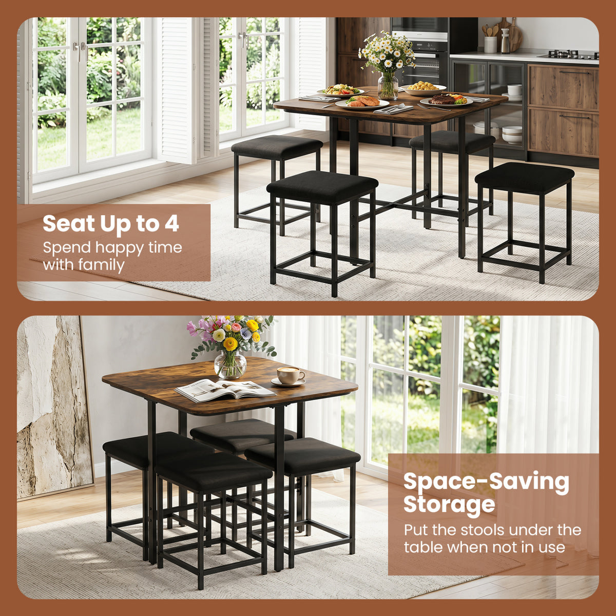 Dining Table Set with 4 Upholstered Stools and Metal Frame-Rustic Brown