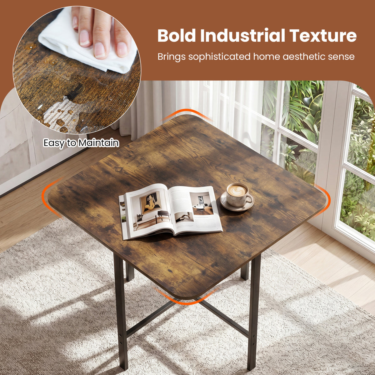 Dining Table Set with 4 Upholstered Stools and Metal Frame-Rustic Brown
