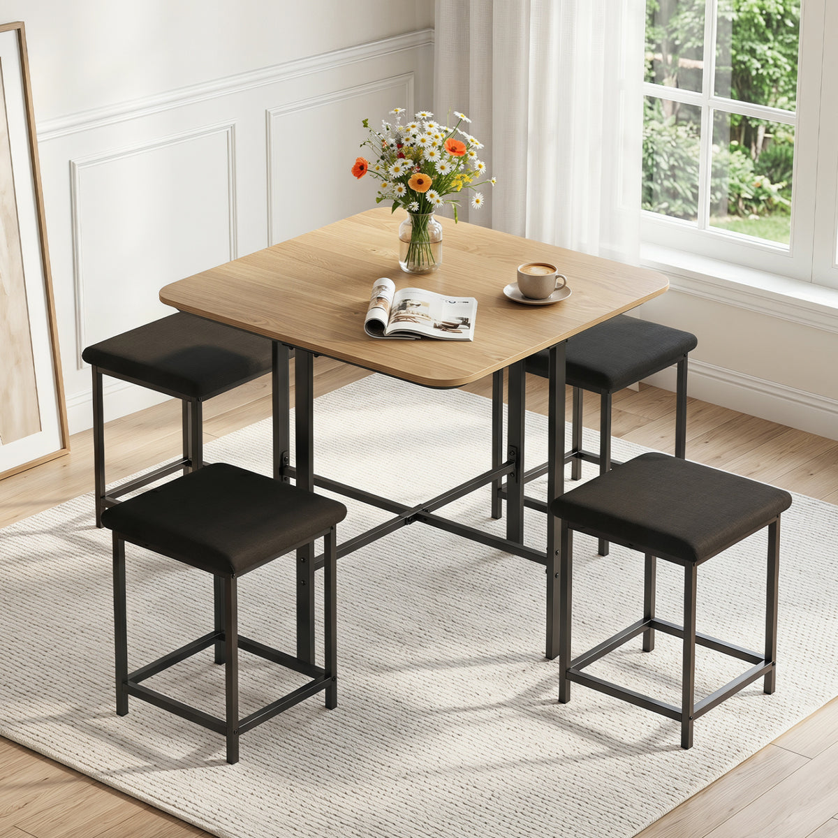 Dining Table Set with 4 Upholstered Stools and Metal Frame-Natural
