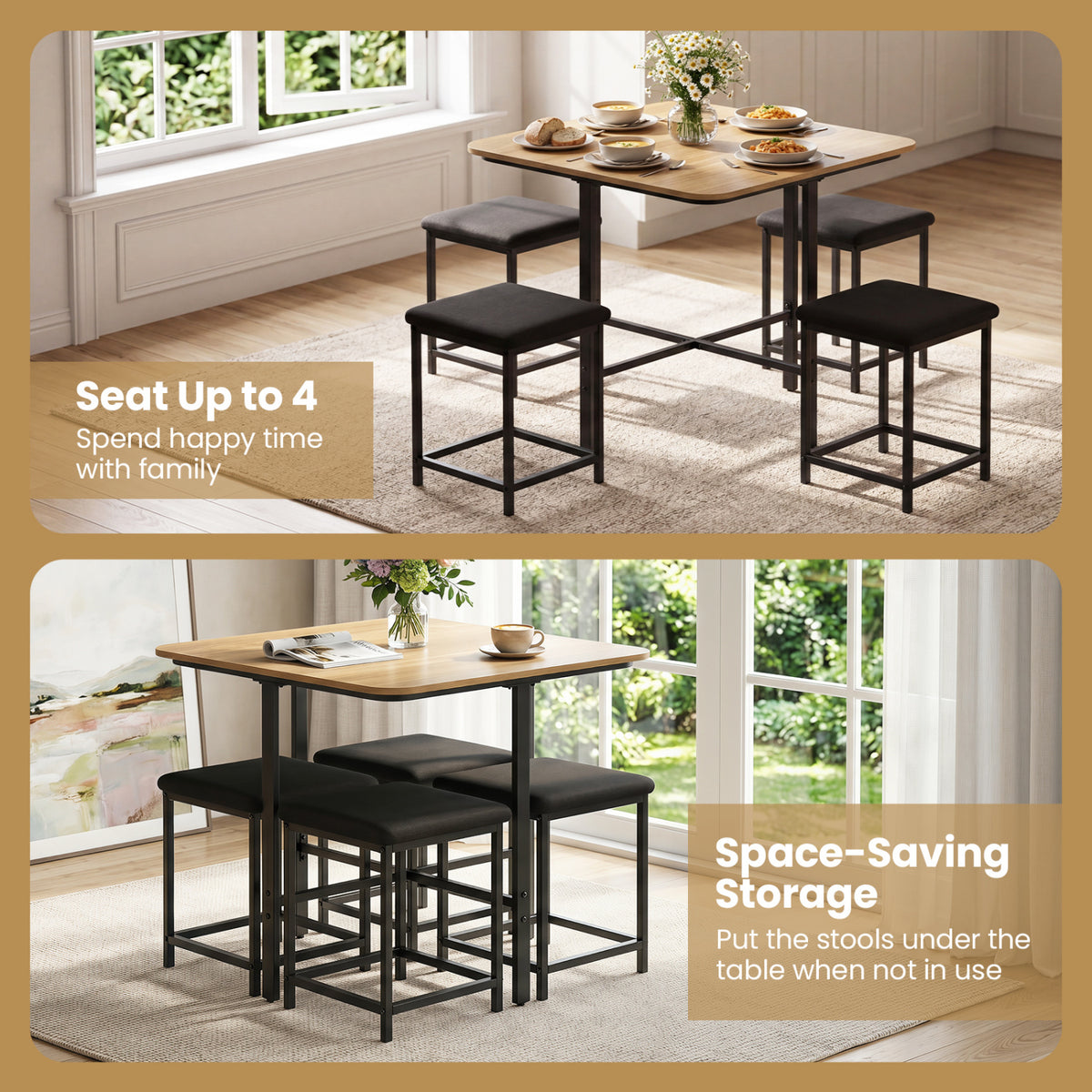 Dining Table Set with 4 Upholstered Stools and Metal Frame-Natural