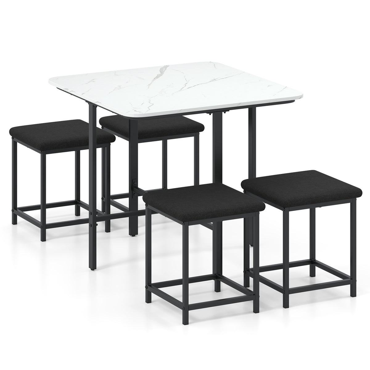 Dining Table Set with 4 Upholstered Stools and Metal Frame-White