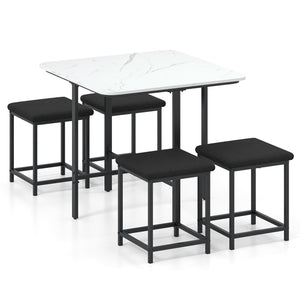 Dining Table Set with 4 Upholstered Stools and Metal Frame-White