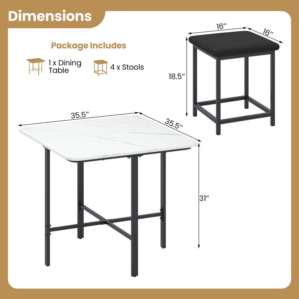 Dining Table Set with 4 Upholstered Stools and Metal Frame-White