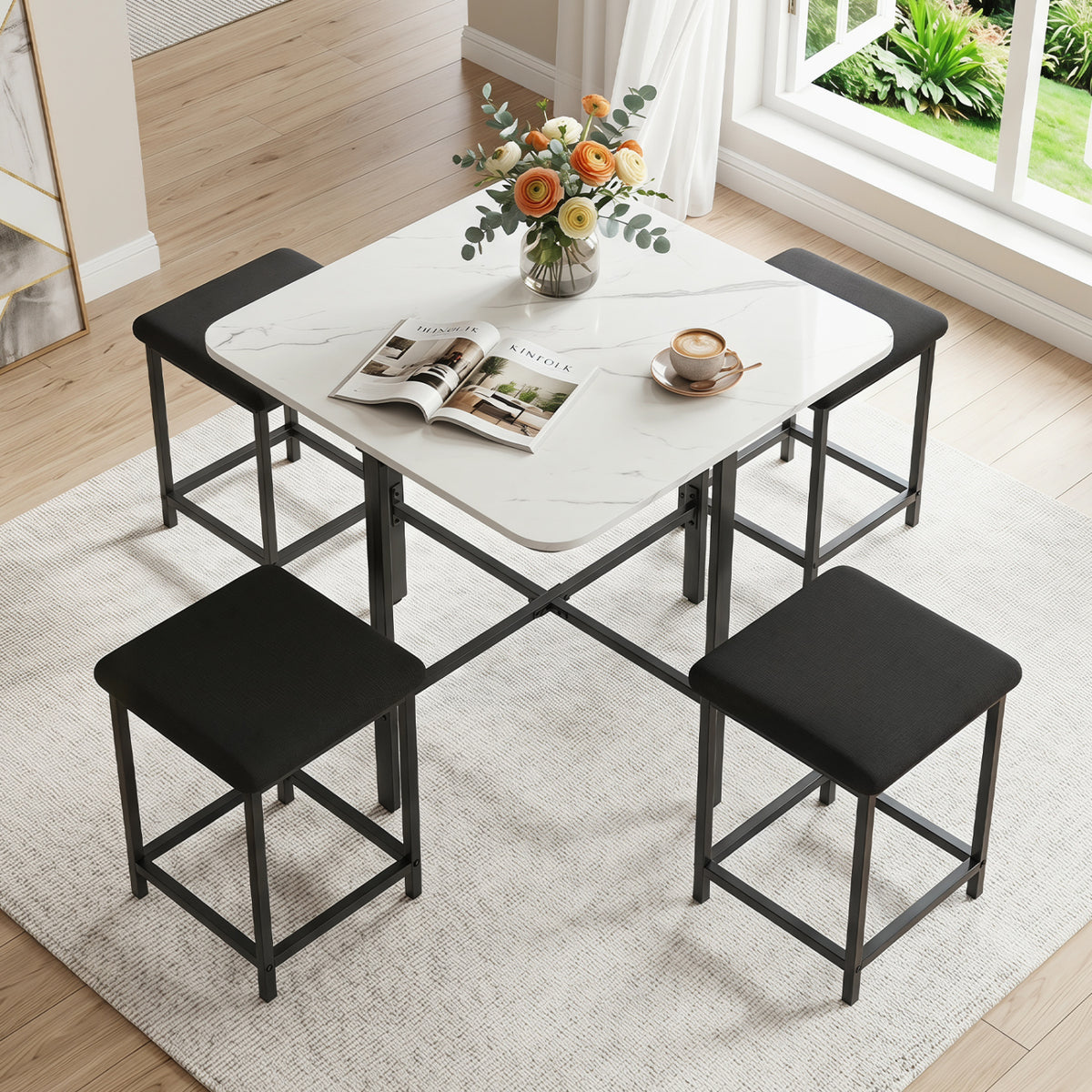 Dining Table Set with 4 Upholstered Stools and Metal Frame-White