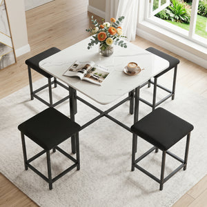 Dining Table Set with 4 Upholstered Stools and Metal Frame-White