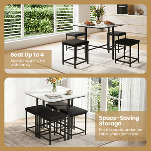 Dining Table Set with 4 Upholstered Stools and Metal Frame-White