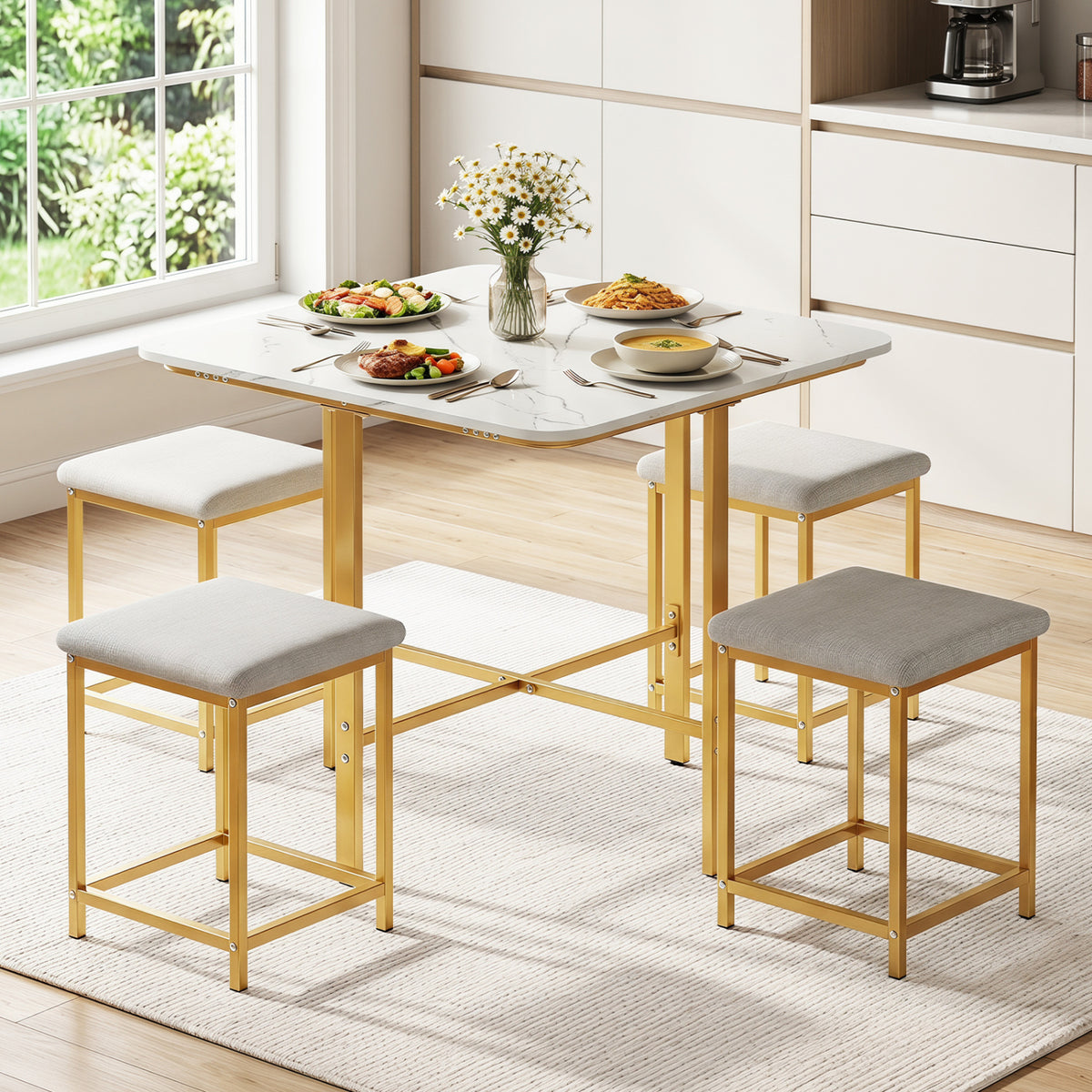 Dining Table Set with 4 Upholstered Stools and Metal Frame-White & Golden