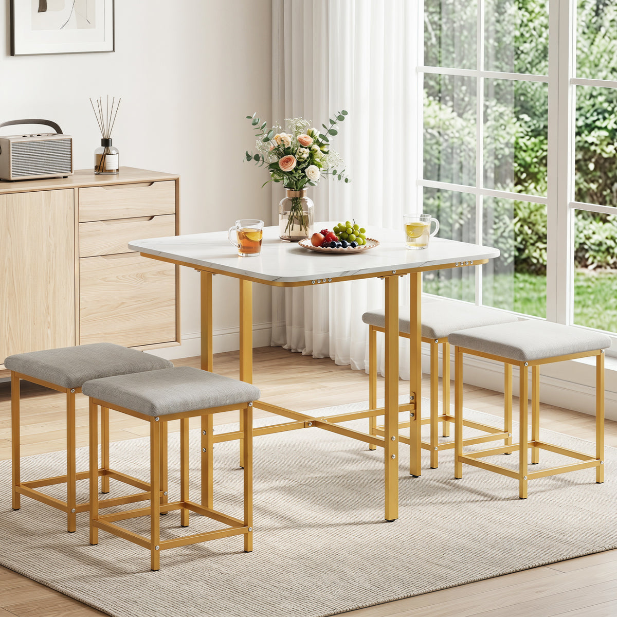 Dining Table Set with 4 Upholstered Stools and Metal Frame-White & Golden