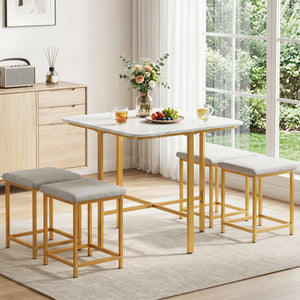 Dining Table Set with 4 Upholstered Stools and Metal Frame-White & Golden