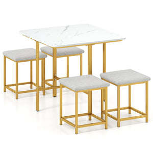 Dining Table Set with 4 Upholstered Stools and Metal Frame-White & Golden