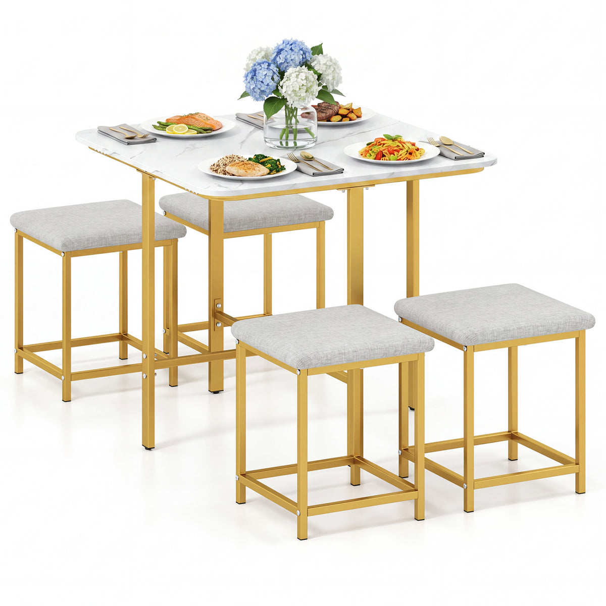 Dining Table Set with 4 Upholstered Stools and Metal Frame-White & Golden