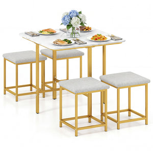 Dining Table Set with 4 Upholstered Stools and Metal Frame-White & Golden