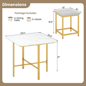 Dining Table Set with 4 Upholstered Stools and Metal Frame-White & Golden