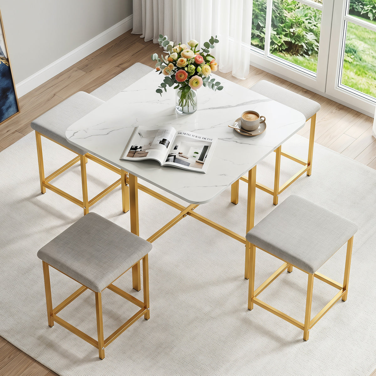 Dining Table Set with 4 Upholstered Stools and Metal Frame-White & Golden