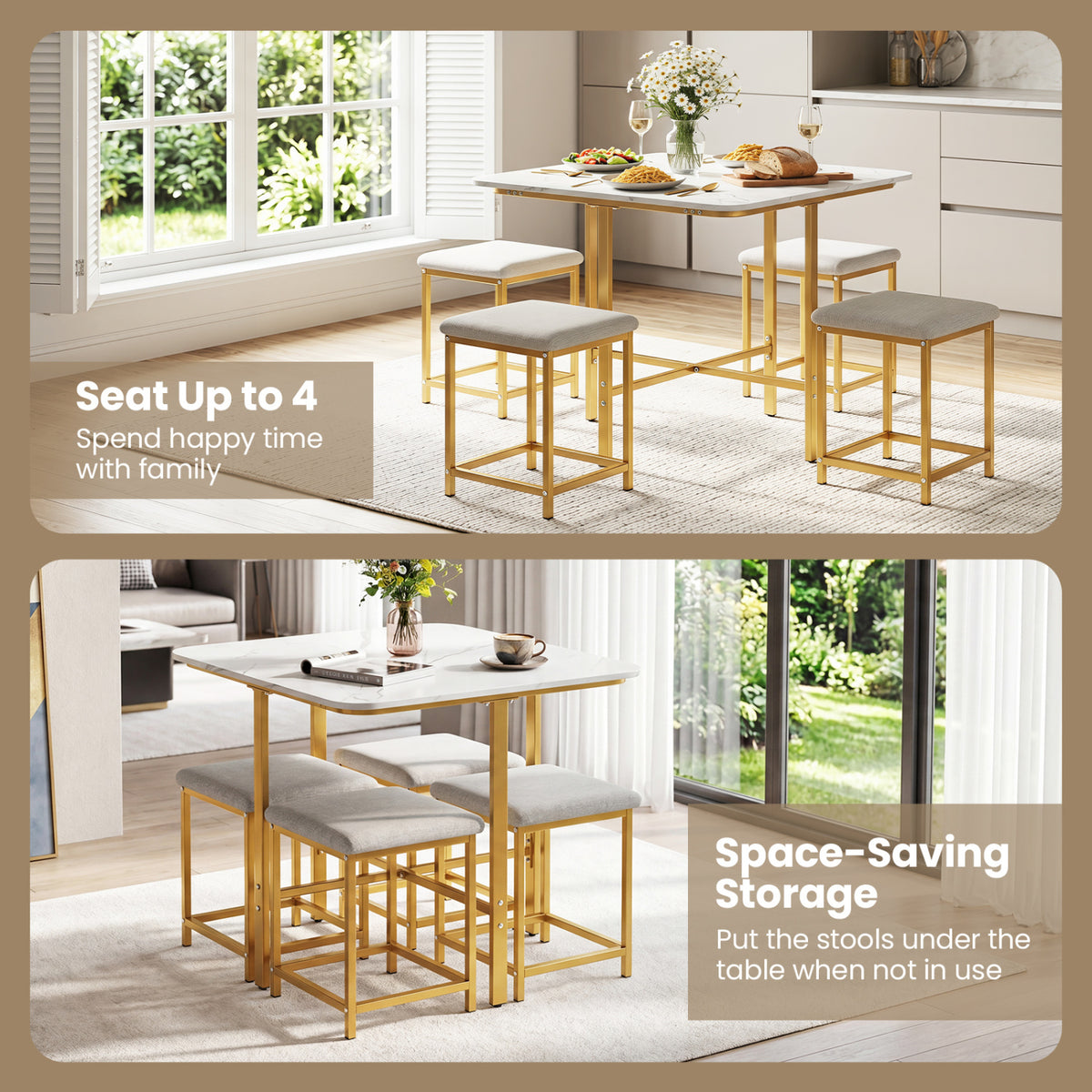 Dining Table Set with 4 Upholstered Stools and Metal Frame-White & Golden