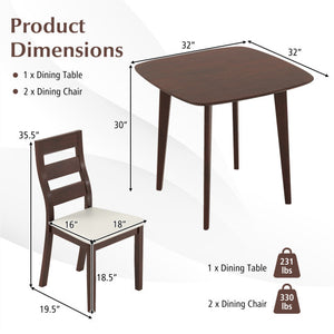 3-Piece Dining Table Set with Wooden Square Kitchen Table and 2 Chairs-Walnut