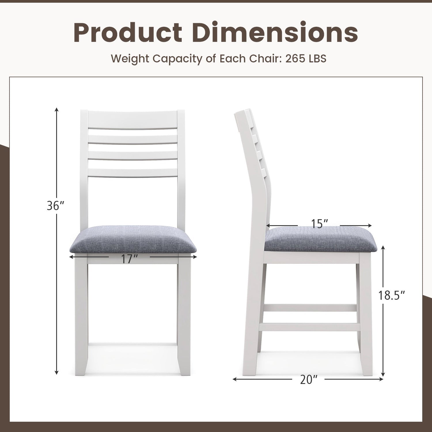 Wooden Dining Chair Set of 2 with Rubber Wood Frame and Padded Cushion-White