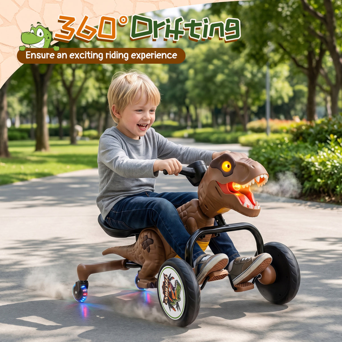 Dinosaur Drift Tricycle with Lights and Spray and 360-Degree Spin Mode-Brown