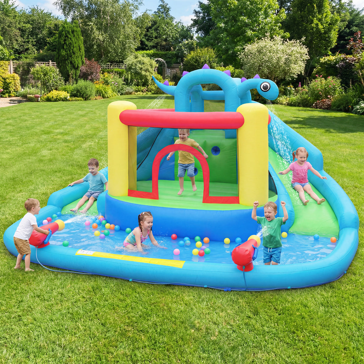 Dinosaur-themed Inflatable Water Slide Park with 950W Air Blower