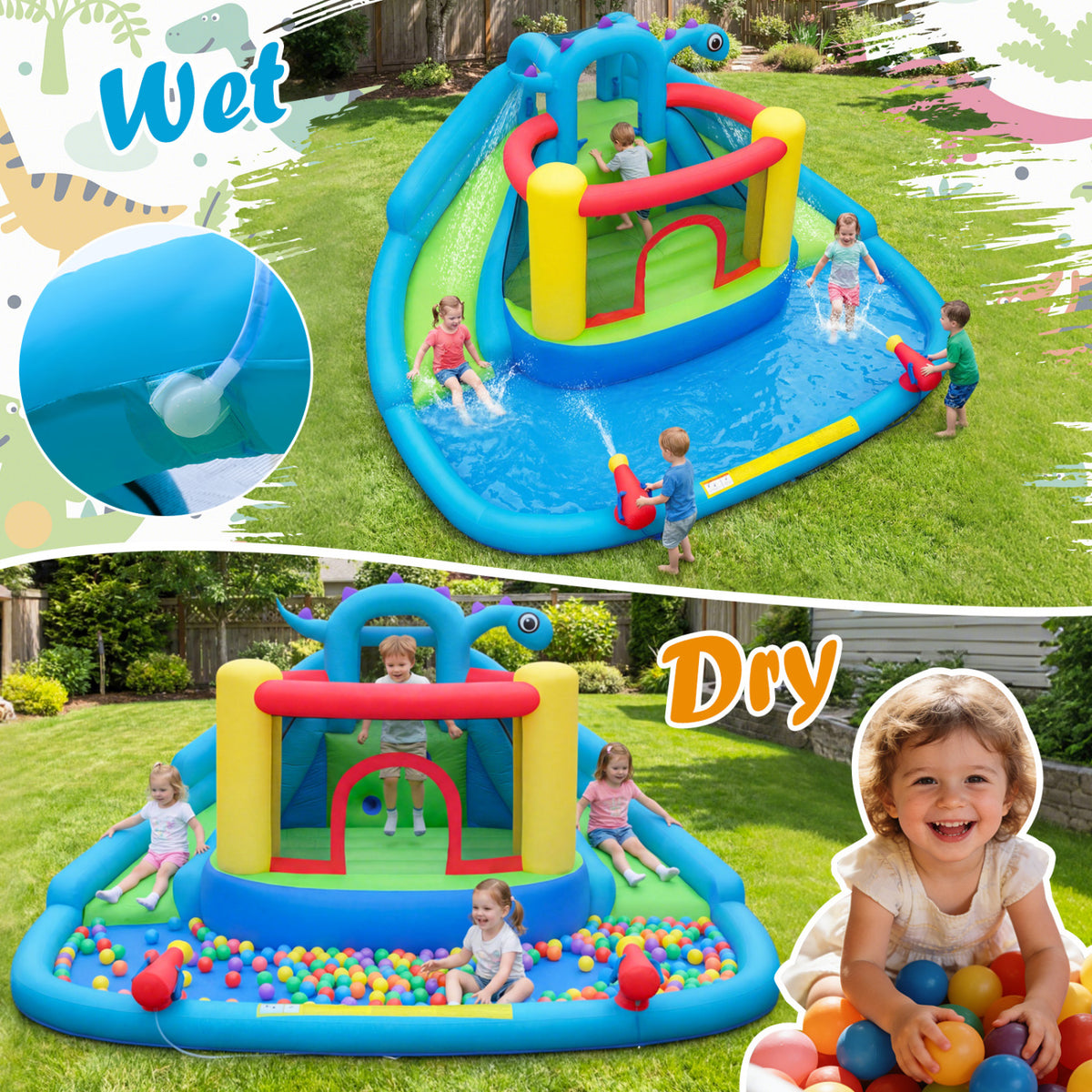 Dinosaur-themed Inflatable Water Slide Park with 950W Air Blower
