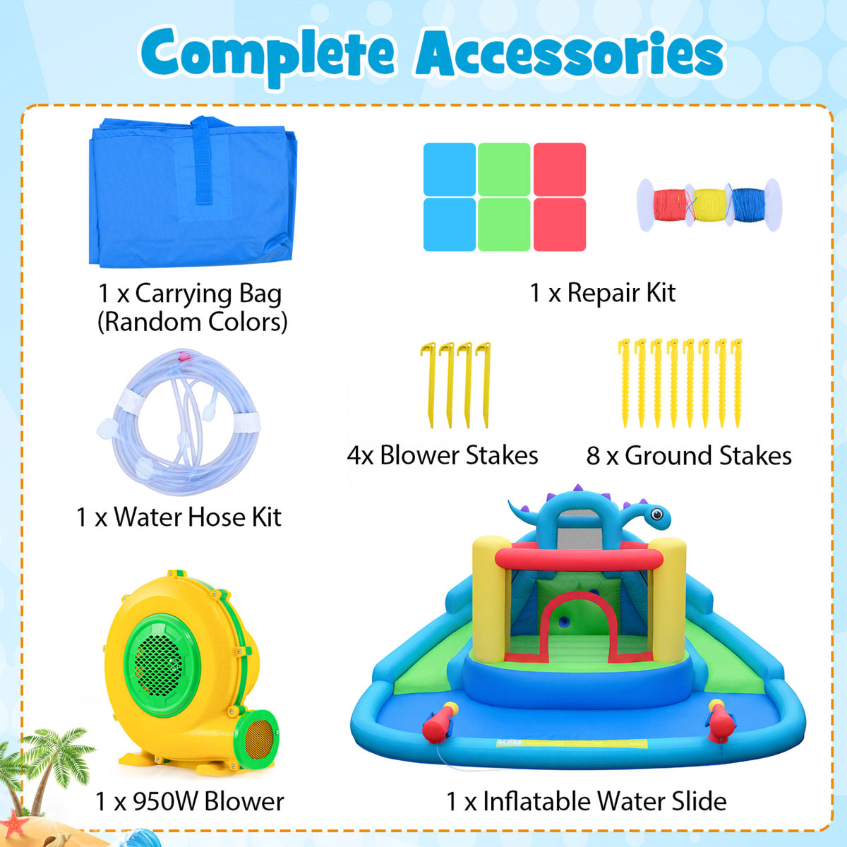 Dinosaur-themed Inflatable Water Slide Park with 950W Air Blower