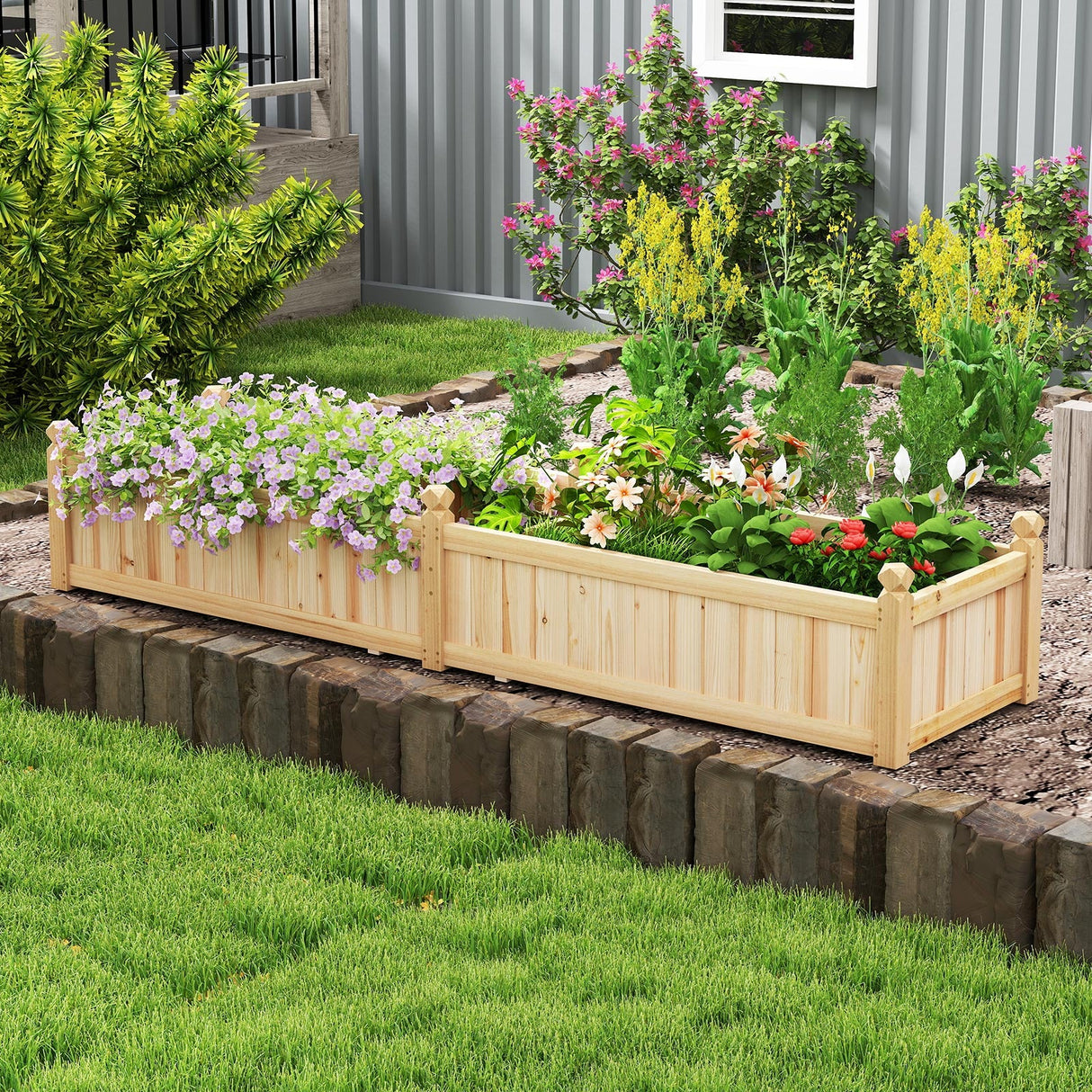 91 x 24 x 16 Inch Divisible Planter Box with Corner Drainage and Non-woven Liner for Growing Vegetables-Natural