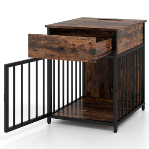 Dog Crate Furniture for Small Dogs Wooden Puppy Kennel with Charging Station-Rustic Brown