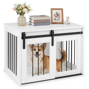Dog Crate Furniture Heavy Duty Dog Kennel with Sliding Barn Door-White