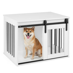 Dog Crate Furniture Heavy Duty Dog Kennel with Sliding Barn Door-White