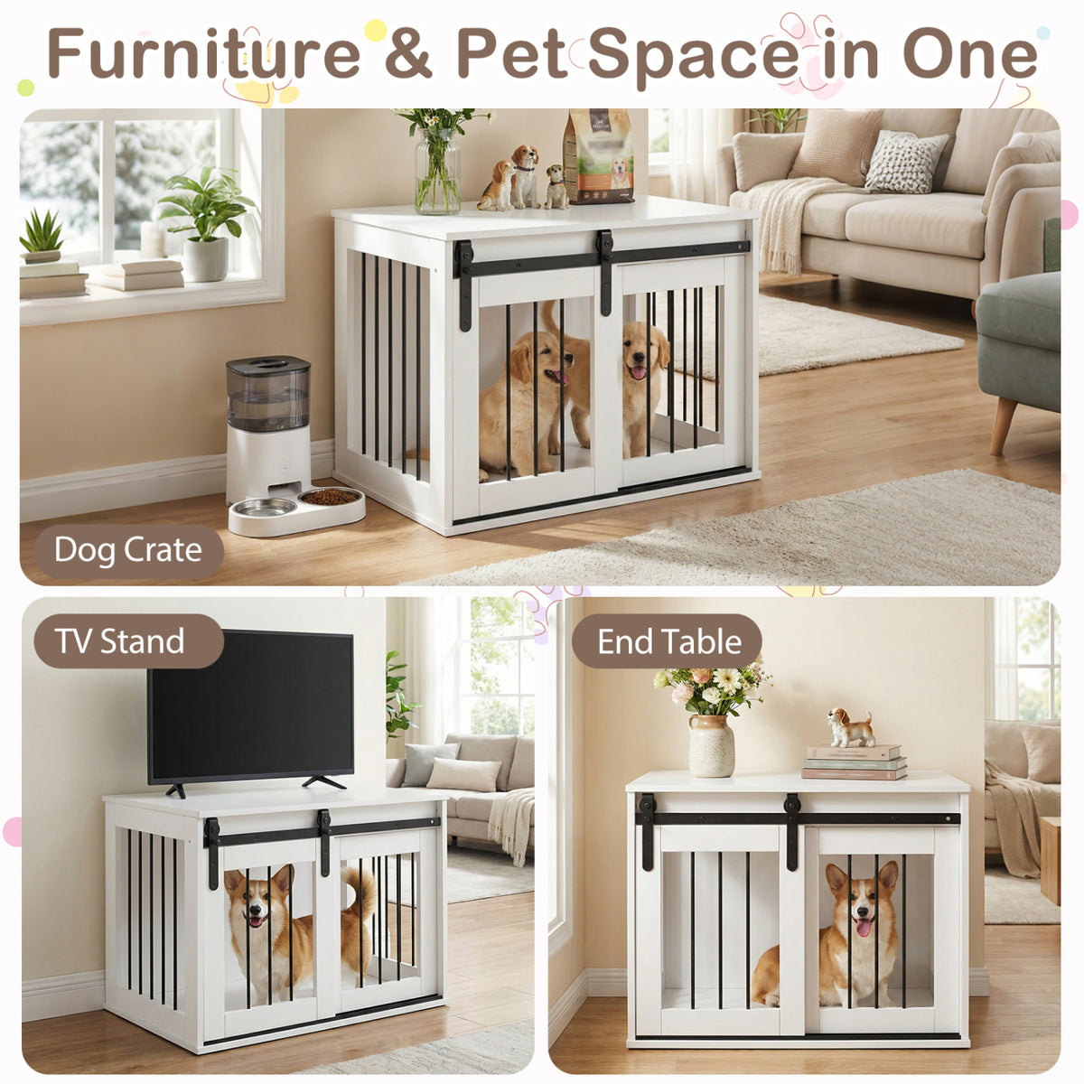 Dog Crate Furniture Heavy Duty Dog Kennel with Sliding Barn Door-White