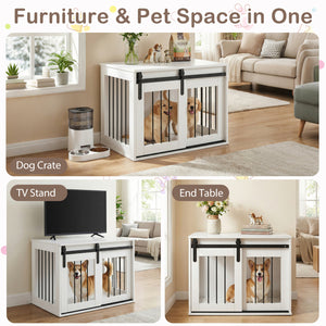 Dog Crate Furniture Heavy Duty Dog Kennel with Sliding Barn Door-White