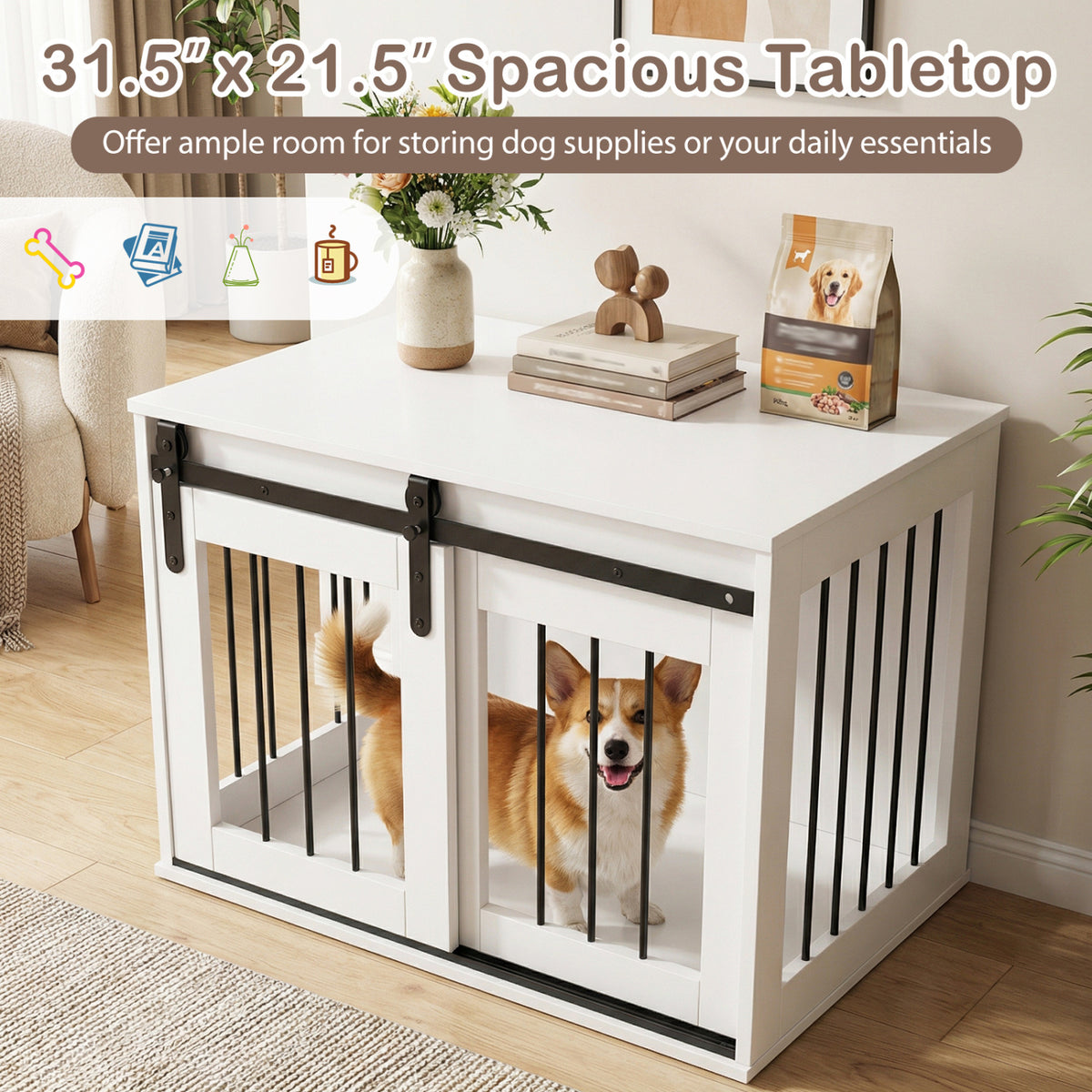 Dog Crate Furniture Heavy Duty Dog Kennel with Sliding Barn Door-White