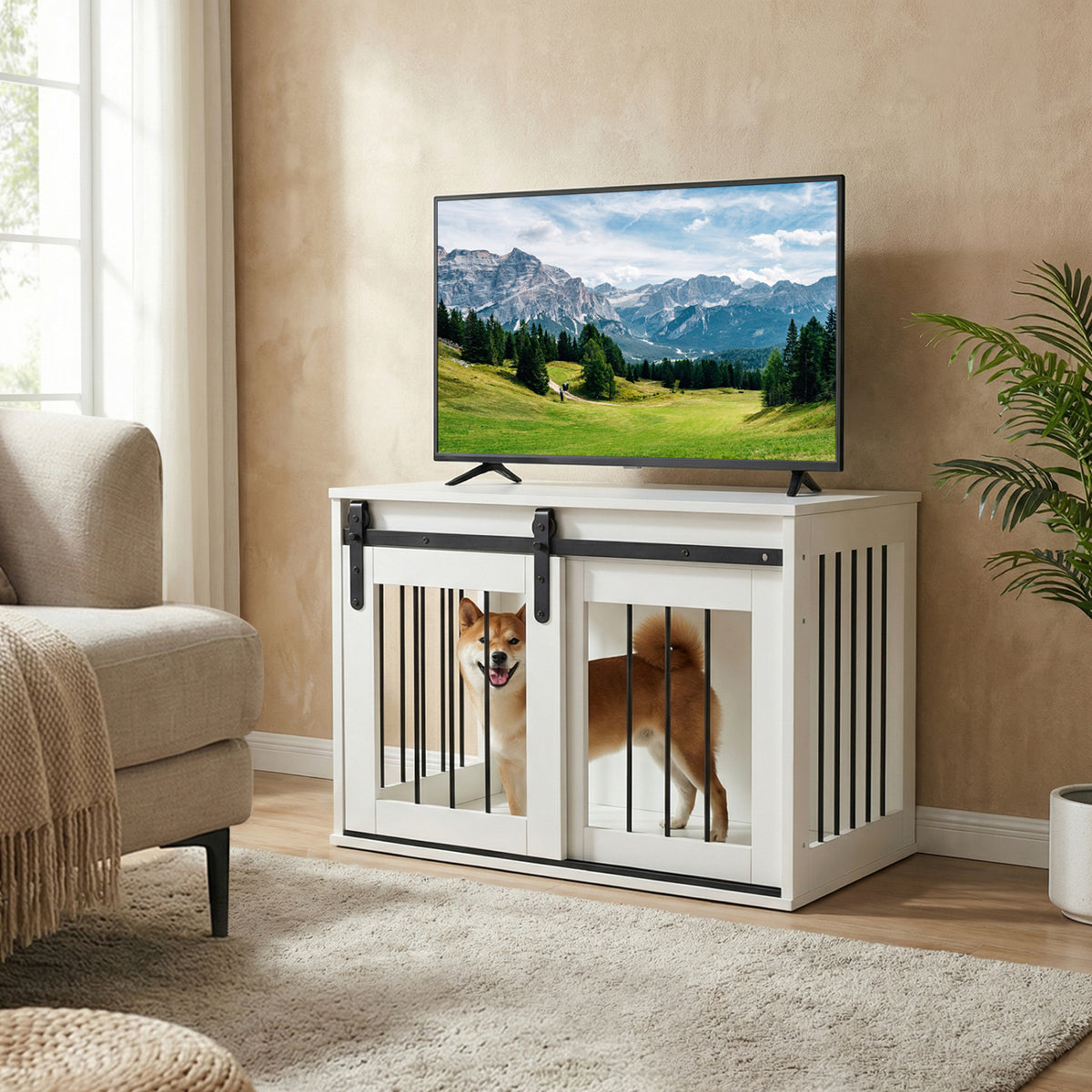 Dog Crate Furniture Heavy Duty Dog Kennel with Sliding Barn Door-White
